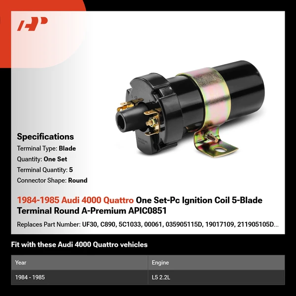 1984-1985 Audi 4000 Quattro One Set-Pc Ignition Coil 5-Blade Terminal Round A-Premium APIC0851