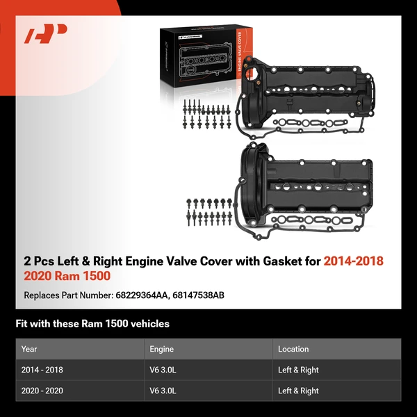 2 Pcs Left & Right Engine Valve Cover with Gasket for 2014-2018 2020 Ram 1500