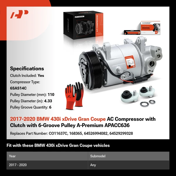 2017-2020 BMW 430i xDrive Gran Coupe AC Compressor with Clutch with 6-Groove Pulley A-Premium APACC636