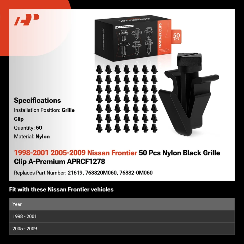 1998-2001 2005-2009 Nissan Frontier 50 Pcs Nylon Black Grille Clip A-Premium APRCF1278