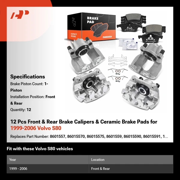 12 Pcs Front & Rear Brake Calipers & Ceramic Brake Pads for 1999-2006 Volvo S80