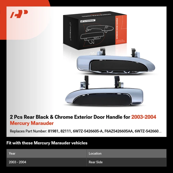 2 Pcs Rear Black & Chrome Exterior Door Handle for 2003-2004 Mercury Marauder