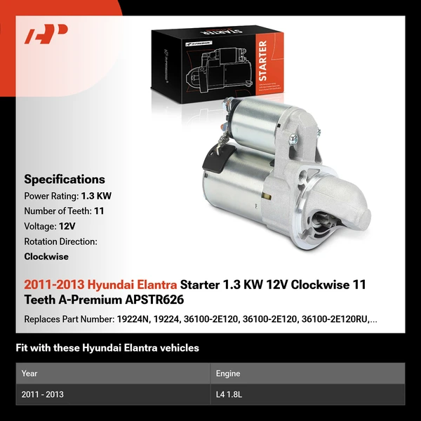 2011-2013 Hyundai Elantra Starter 1.3 KW 12V Clockwise 11 Teeth A-Premium APSTR626