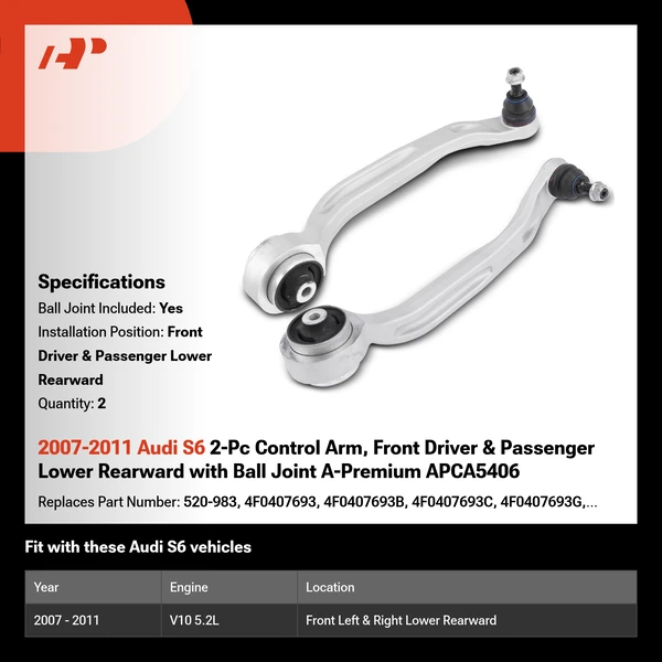 2007-2011 Audi S6 2-Pc Control Arm, Front Driver & Passenger Lower Rearward with Ball Joint A-Premium APCA5406