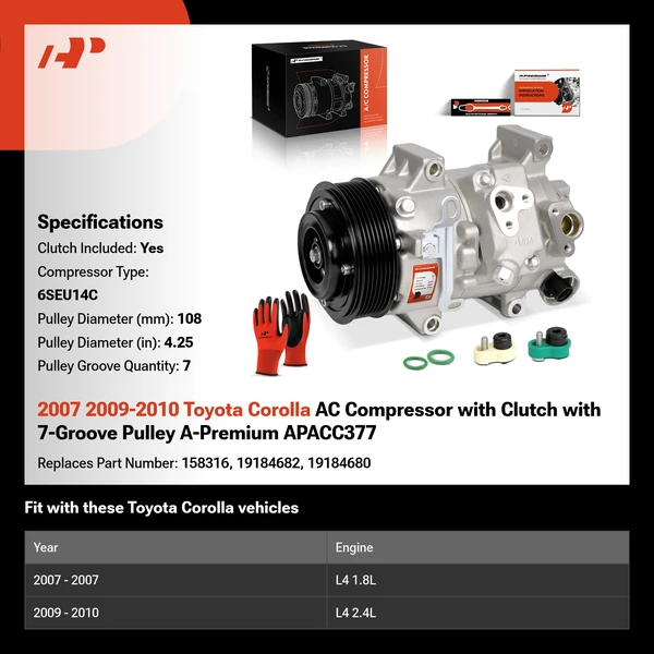 2007 2009-2010 Toyota Corolla AC Compressor with Clutch with 7-Groove Pulley A-Premium APACC377