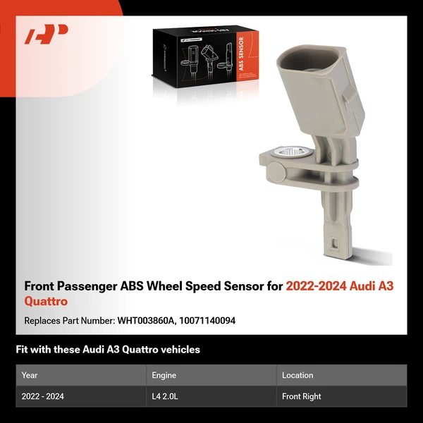 Front Passenger ABS Wheel Speed Sensor for 2022-2024 Audi A3 Quattro
