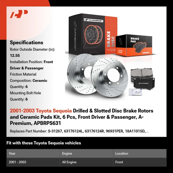 2001-2003 Toyota Sequoia Drilled & Slotted Disc Brake Rotors and Ceramic Pads Kit, 6 Pcs, Front Driver & Passenger, A-Premium, APBRPS631