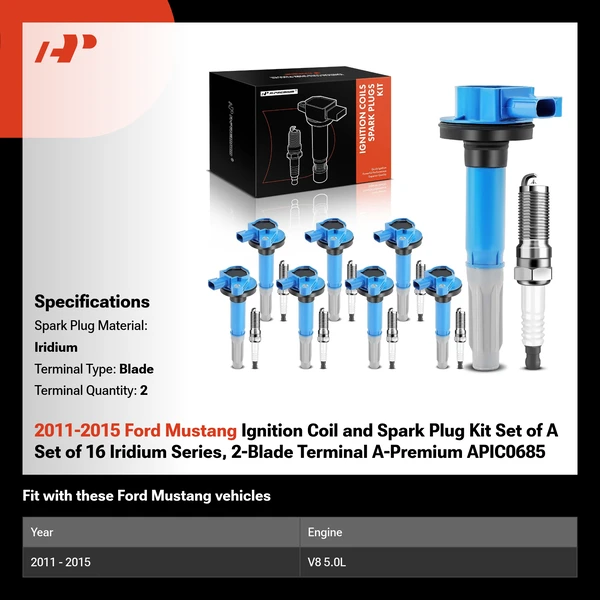 2011-2015 Ford Mustang Ignition Coil and Spark Plug Kit Set of A Set of 16 Iridium Series, 2-Blade Terminal A-Premium APIC0685