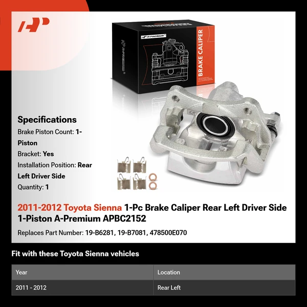 2011-2012 Toyota Sienna 1-Pc Brake Caliper Rear Left Driver Side 1-Piston A-Premium APBC2152
