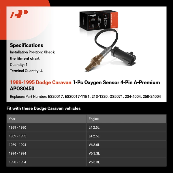1989-1995 Dodge Caravan 1-Pc Oxygen Sensor 4-Pin A-Premium APOS0450
