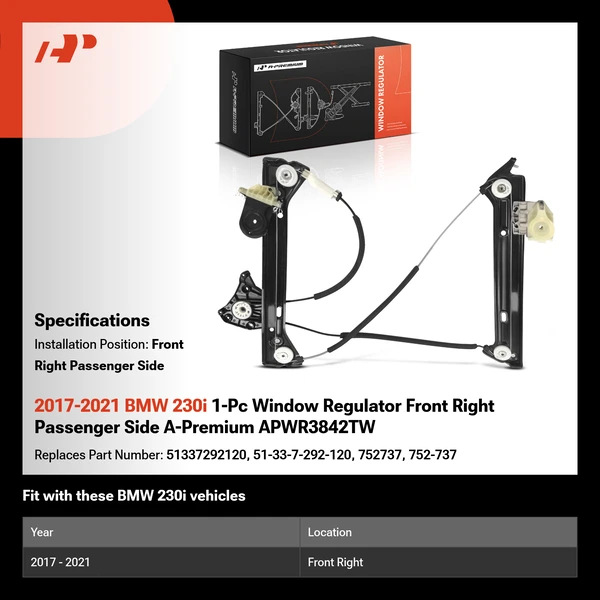 2017-2021 BMW 230i 1-Pc Window Regulator Front Right Passenger Side A-Premium APWR3842TW