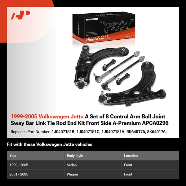 1999-2005 Volkswagen Jetta A Set of 8 Control Arm Ball Joint Sway Bar Link Tie Rod End Kit Front Side A-Premium APCA0296