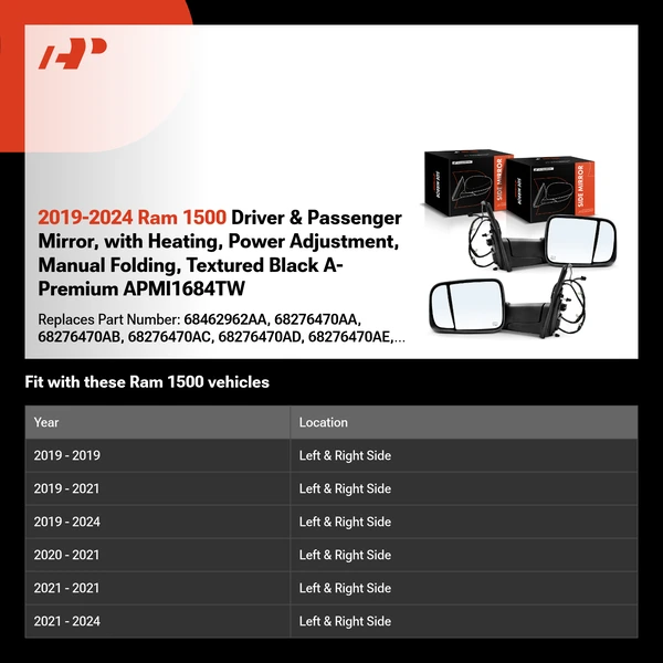 2019-2024 Ram 1500 Driver & Passenger Mirror, with Heating, Power Adjustment, Manual Folding, Textured Black A-Premium APMI1684TW