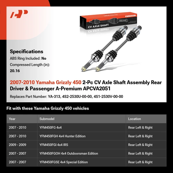 2007-2010 Yamaha Grizzly 450 2-Pc CV Axle Shaft Assembly Rear Driver & Passenger A-Premium APCVA2051