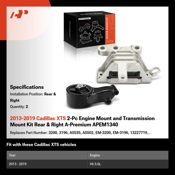 2013-2019 Cadillac XTS 2-Pc Engine Mount and Transmission Mount Kit Rear & Right A-Premium APEM1340