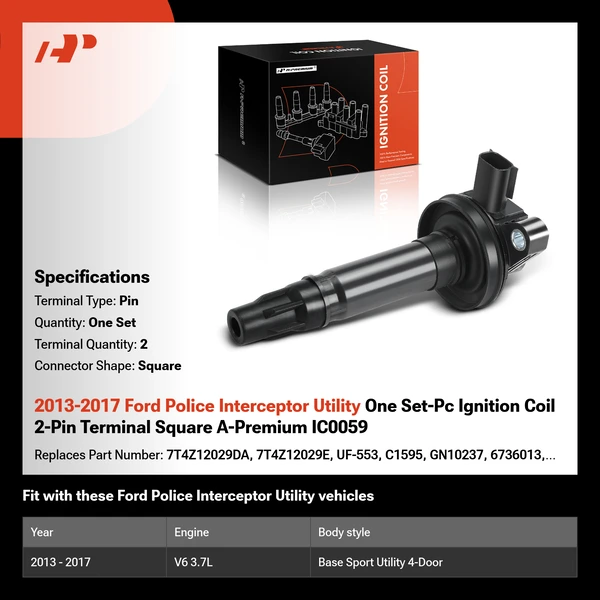 2013-2017 Ford Police Interceptor Utility One Set-Pc Ignition Coil 2-Pin Terminal Square A-Premium IC0059