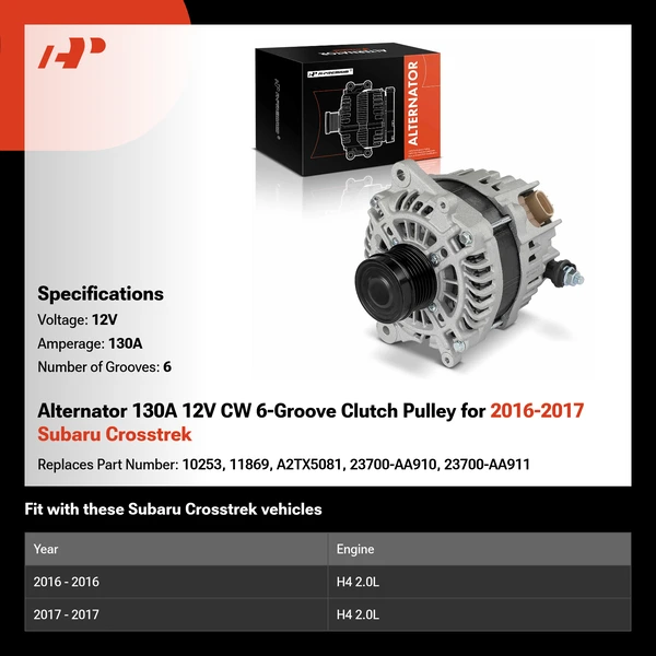 Alternator 130A 12V CW 6-Groove Clutch Pulley for 2016-2017 Subaru Crosstrek