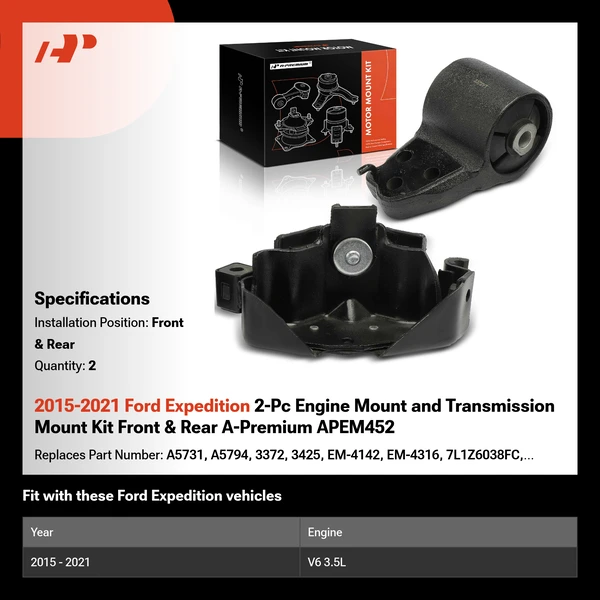 2015-2021 Ford Expedition 2-Pc Engine Mount and Transmission Mount Kit Front & Rear A-Premium APEM452