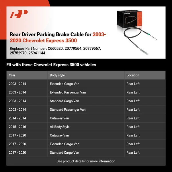 Rear Driver Parking Brake Cable for 2003-2020 Chevrolet Express 3500