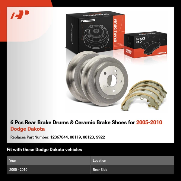 6 Pcs Rear Brake Drums & Ceramic Brake Shoes for 2005-2010 Dodge Dakota