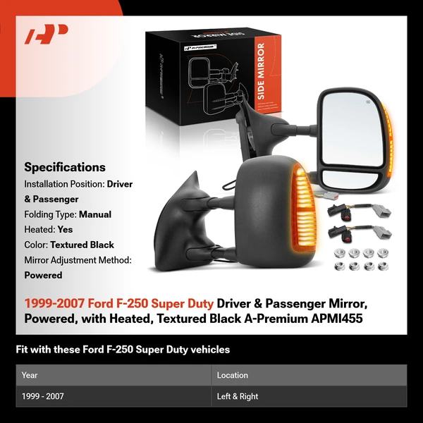 1999-2007 Ford F-250 Super Duty Driver & Passenger Mirror, Powered, with Heated, Textured Black A-Premium APMI455