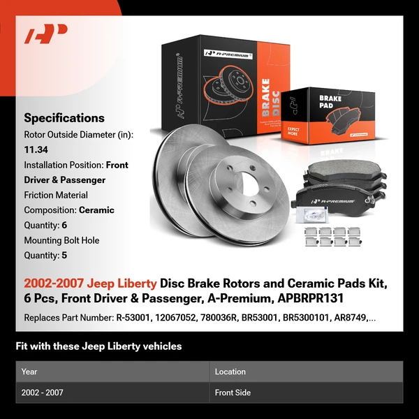 2002-2007 Jeep Liberty Disc Brake Rotors and Ceramic Pads Kit, 6 Pcs, Front Driver & Passenger, A-Premium, APBRPR131