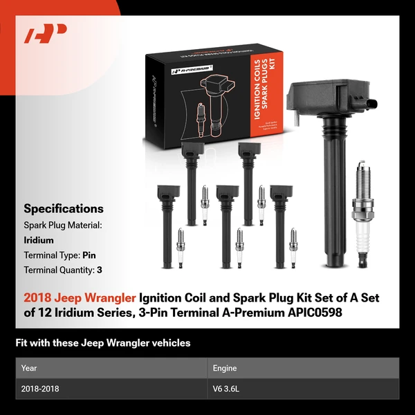 2018 Jeep Wrangler Ignition Coil and Spark Plug Kit Set of A Set of 12 Iridium Series, 3-Pin Terminal A-Premium APIC0598