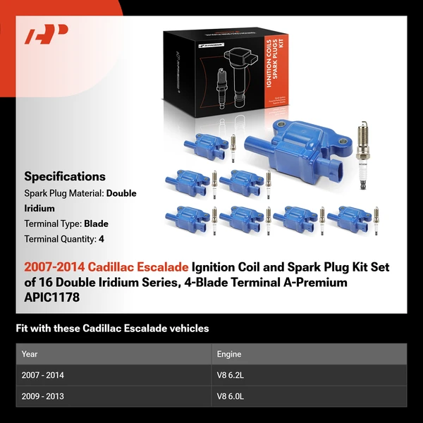 2007-2014 Cadillac Escalade Ignition Coil and Spark Plug Kit Set of 16 Double Iridium Series, 4-Blade Terminal A-Premium APIC1178