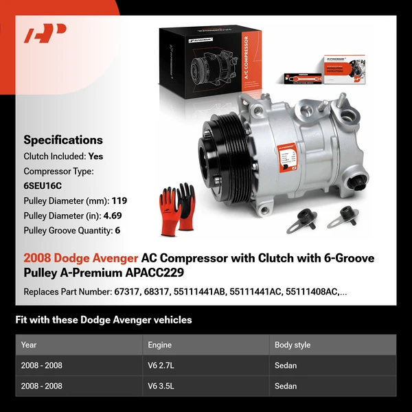 2008 Dodge Avenger AC Compressor with Clutch with 6-Groove Pulley A-Premium APACC229