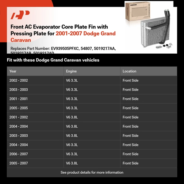 Front AC Evaporator Core Plate Fin with Pressing Plate for 2001-2007 Dodge Grand Caravan