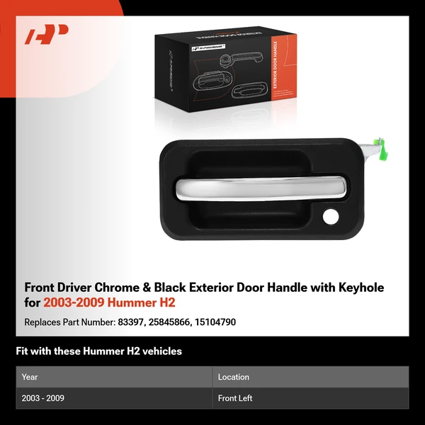 Front Driver Chrome & Black Exterior Door Handle with Keyhole for 2003-2009 Hummer H2