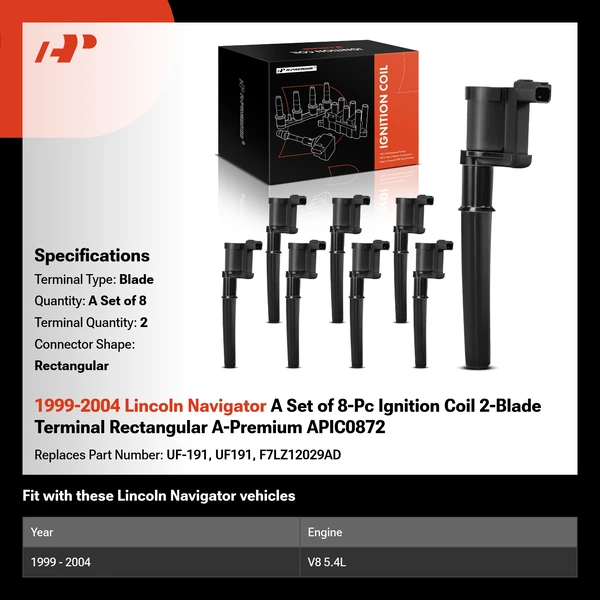 1999-2004 Lincoln Navigator A Set of 8-Pc Ignition Coil 2-Blade Terminal Rectangular A-Premium APIC0872