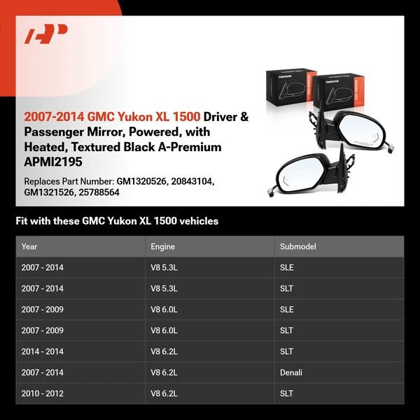 2007-2014 GMC Yukon XL 1500 Driver & Passenger Mirror, Powered, with Heated, Textured Black A-Premium APMI2195