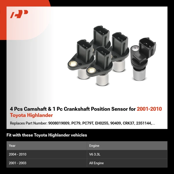 4 Pcs Camshaft & 1 Pc Crankshaft Position Sensor for 2001-2010 Toyota Highlander