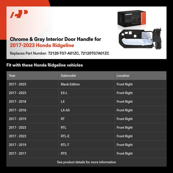 Chrome & Gray Interior Door Handle for 2017-2023 Honda Ridgeline