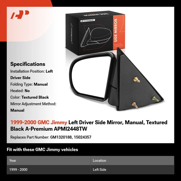 1999-2000 GMC Jimmy Left Driver Side Mirror, Manual, Textured Black A-Premium APMI2448TW