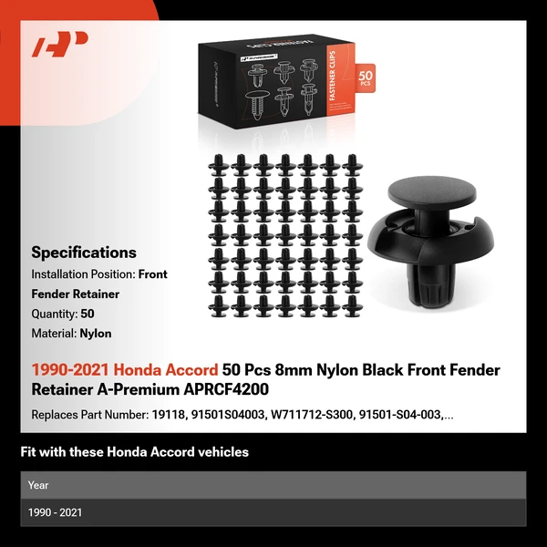 1990-2021 Honda Accord 50 Pcs 8mm Nylon Black Front Fender Retainer A-Premium APRCF4200