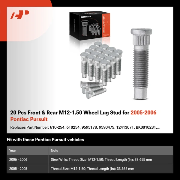 20 Pcs Front & Rear M12-1.50 Wheel Lug Stud for 2005-2006 Pontiac Pursuit