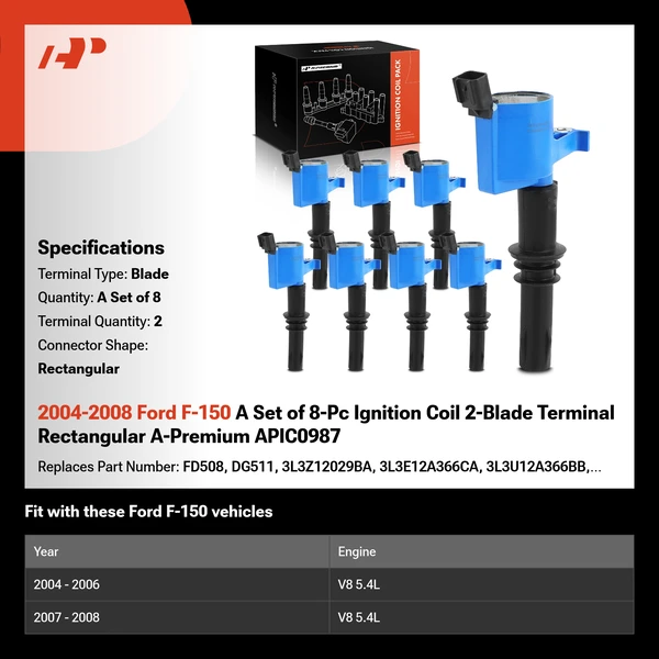 2004-2008 Ford F-150 A Set of 8-Pc Ignition Coil 2-Blade Terminal Rectangular A-Premium APIC0987