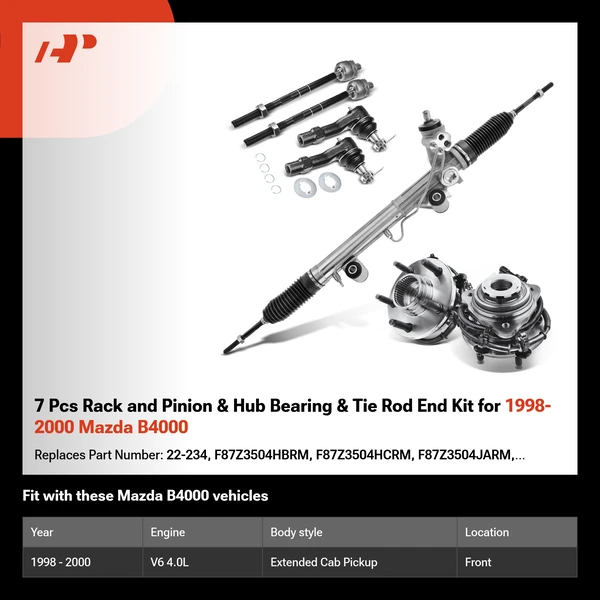 7 Pcs Rack and Pinion & Hub Bearing & Tie Rod End Kit for 1998-2000 Mazda B4000