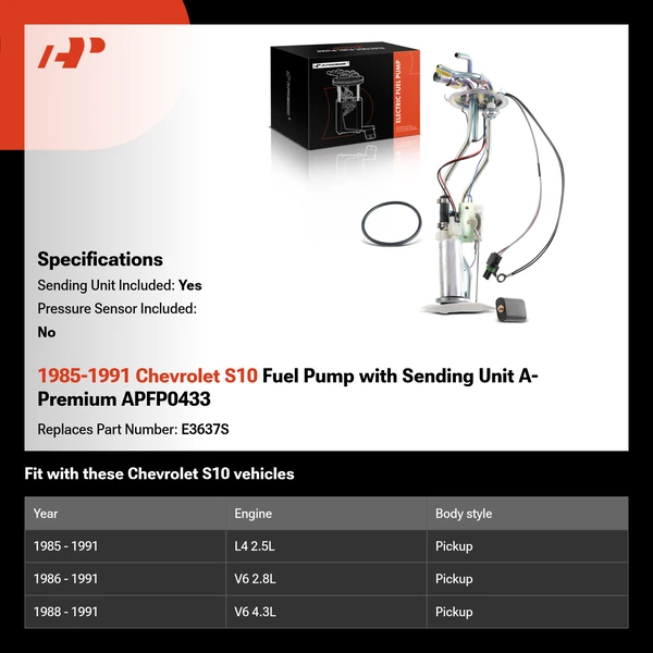 1985-1991 Chevrolet S10 Fuel Pump with Sending Unit A-Premium APFP0433