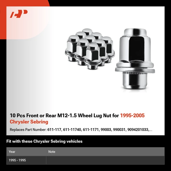 10 Pcs Front or Rear M12-1.5 Wheel Lug Nut for 1995-2005 Chrysler Sebring