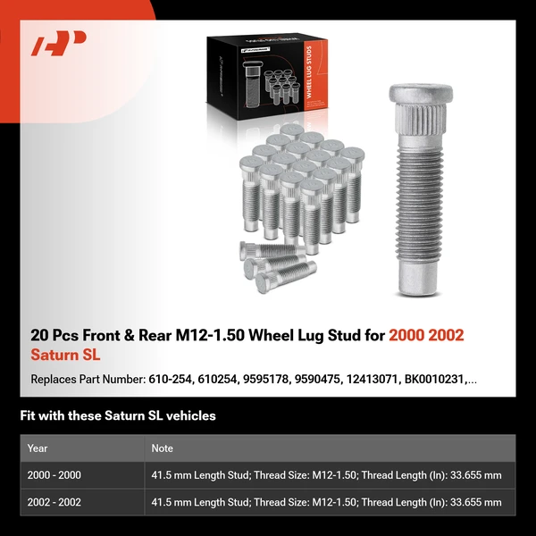 20 Pcs Front & Rear M12-1.50 Wheel Lug Stud for 2000 2002 Saturn SL