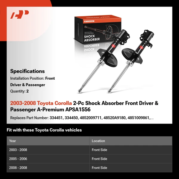2003-2008 Toyota Corolla 2-Pc Shock Absorber Front Driver & Passenger A-Premium APSA1556