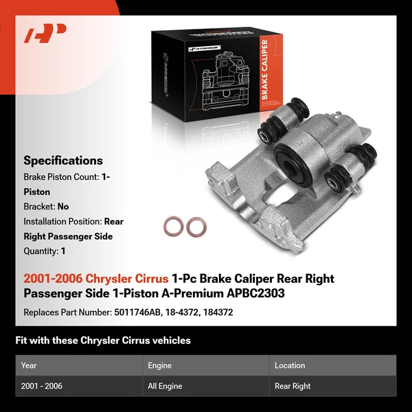 2001-2006 Chrysler Cirrus 1-Pc Brake Caliper Rear Right Passenger Side 1-Piston A-Premium APBC2303