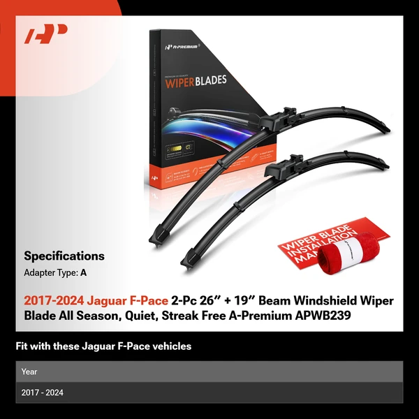 2017-2024 Jaguar F-Pace 2-Pc 26″ + 19″ Beam Windshield Wiper Blade All Season, Quiet, Streak Free A-Premium APWB239