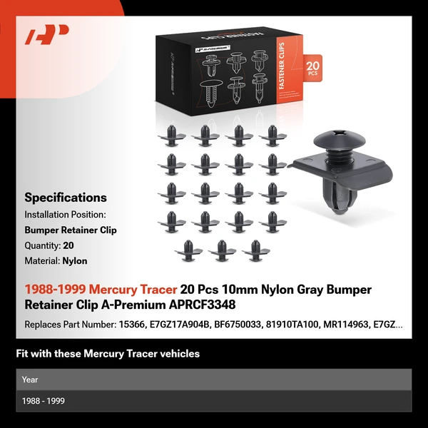 1988-1999 Mercury Tracer 20 Pcs 10mm Nylon Gray Bumper Retainer Clip A-Premium APRCF3348