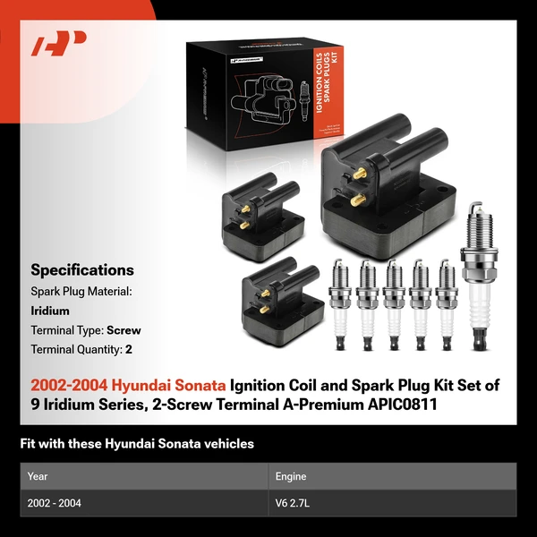 2002-2004 Hyundai Sonata Ignition Coil and Spark Plug Kit Set of 9 Iridium Series, 2-Screw Terminal A-Premium APIC0811