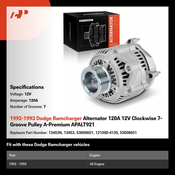 1992-1993 Dodge Ramcharger Alternator 120A 12V Clockwise 7-Groove Pulley A-Premium APALT921