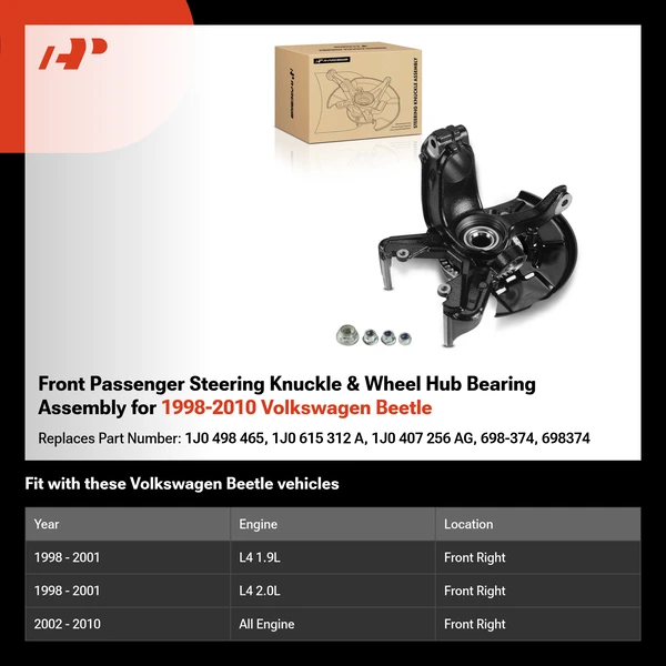 Front Passenger Steering Knuckle & Wheel Hub Bearing Assembly for 1998-2010 Volkswagen Beetle